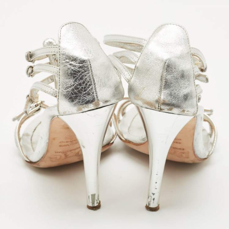 Pre Owned D&G Silver Leather Ankle Strap Sandals Size 37.5