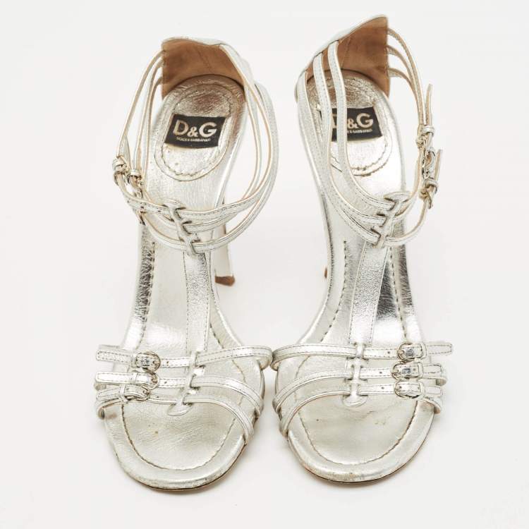 Pre Owned D&G Silver Leather Ankle Strap Sandals Size 37.5