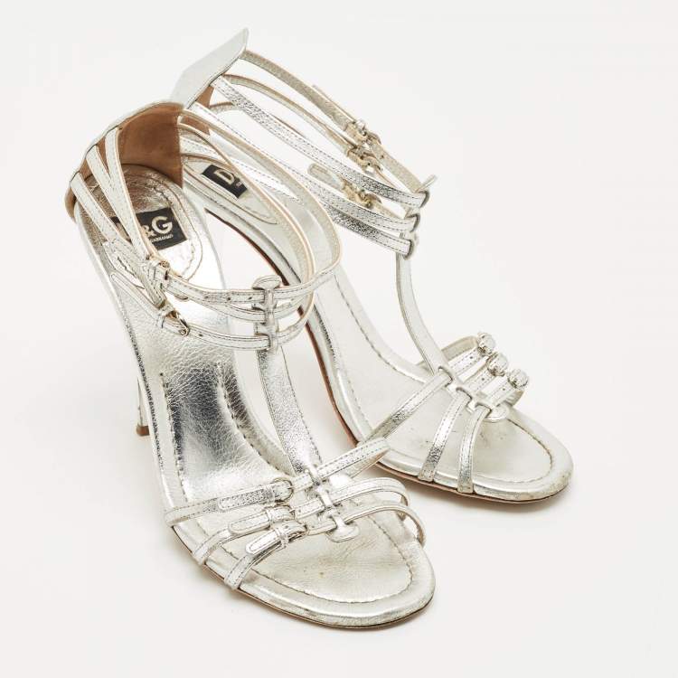 Pre Owned D&G Silver Leather Ankle Strap Sandals Size 37.5
