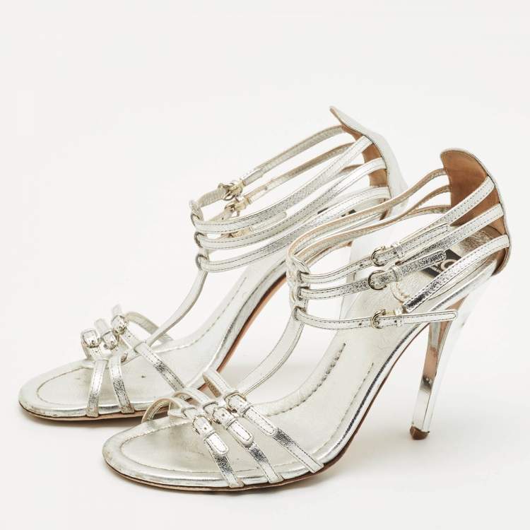 Pre Owned D&G Silver Leather Ankle Strap Sandals Size 37.5