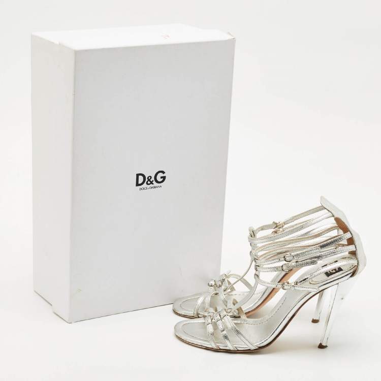 Pre Owned D&G Silver Leather Ankle Strap Sandals Size 37.5