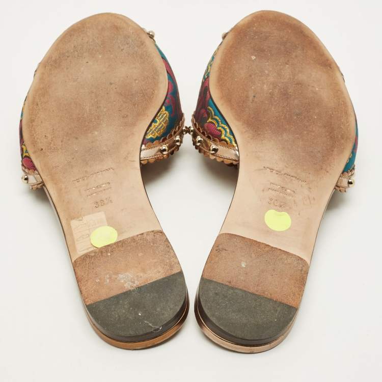 Pre Owned D&G Size 39.5 Multicolor Brocade Fabric and Patent Leather Faux Peal Crystal Embellished Flat Slide