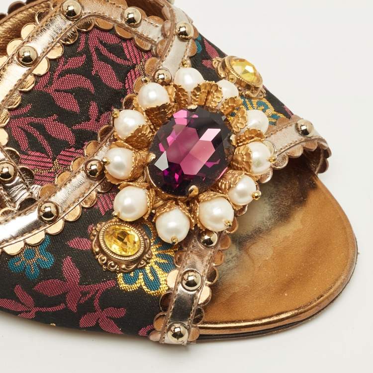 Pre Owned D&G Size 39.5 Multicolor Brocade Fabric and Patent Leather Faux Peal Crystal Embellished Flat Slide