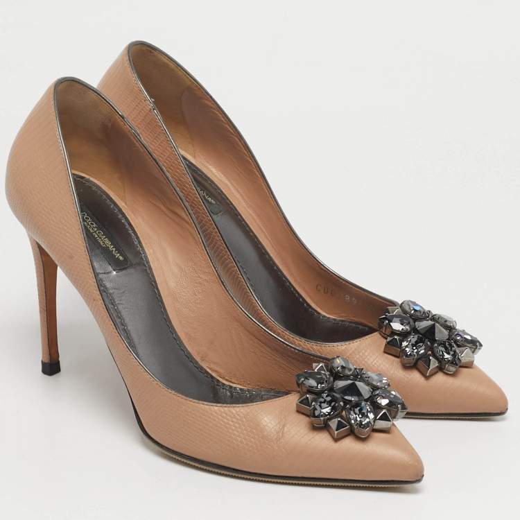 Pre Owned Dolce & Gabbana Bellucci Size 40 Beige Lizard Embossed Leather Pumps