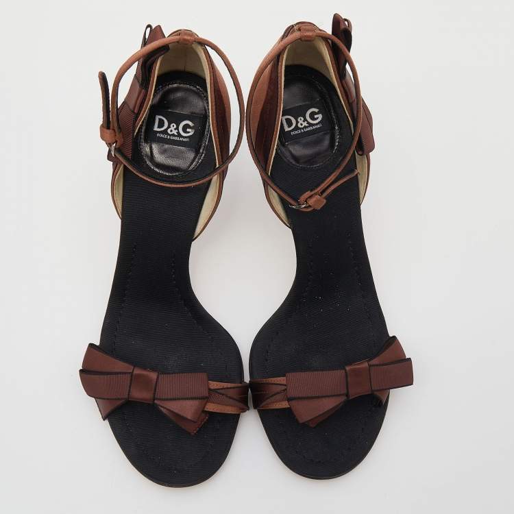 Pre Owned D&G Brown/Black Satin Bow Embellished Ankle Strap Sandals Size 39