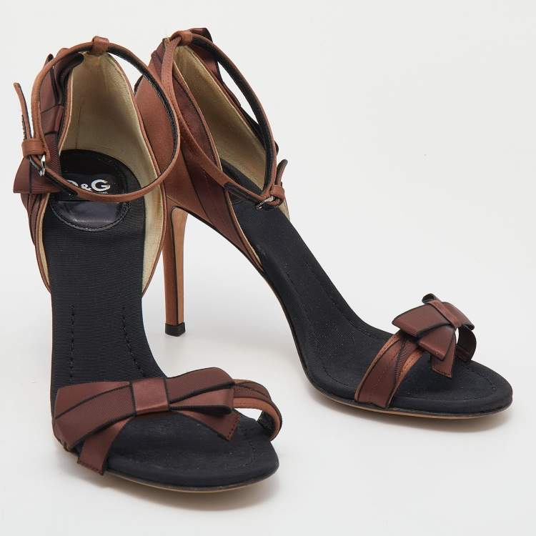 Pre Owned D&G Brown/Black Satin Bow Embellished Ankle Strap Sandals Size 39