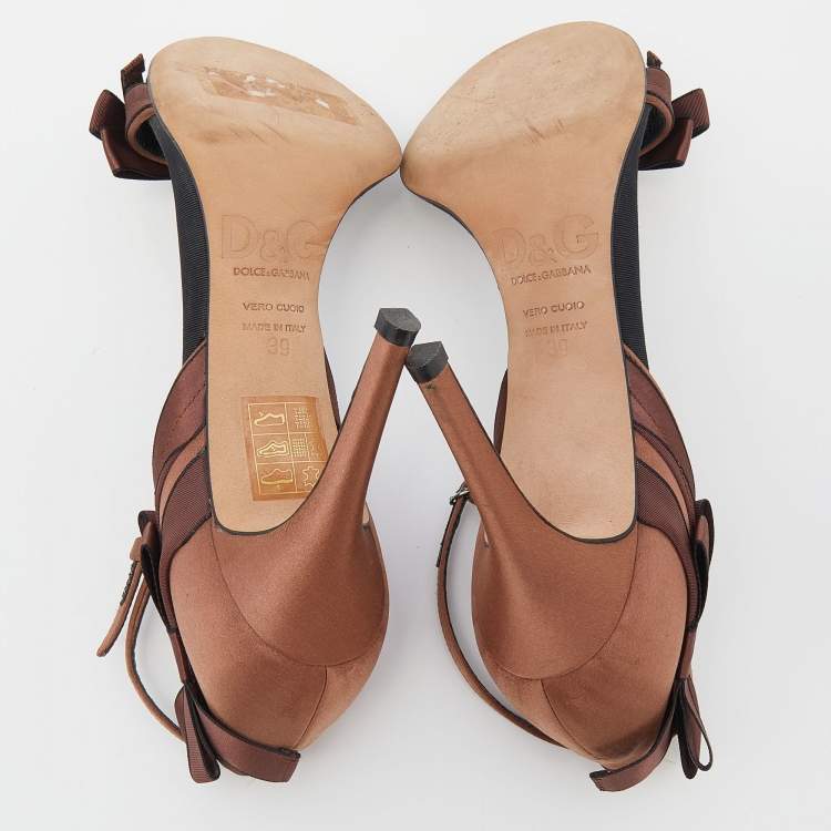 Pre Owned D&G Brown/Black Satin Bow Embellished Ankle Strap Sandals Size 39