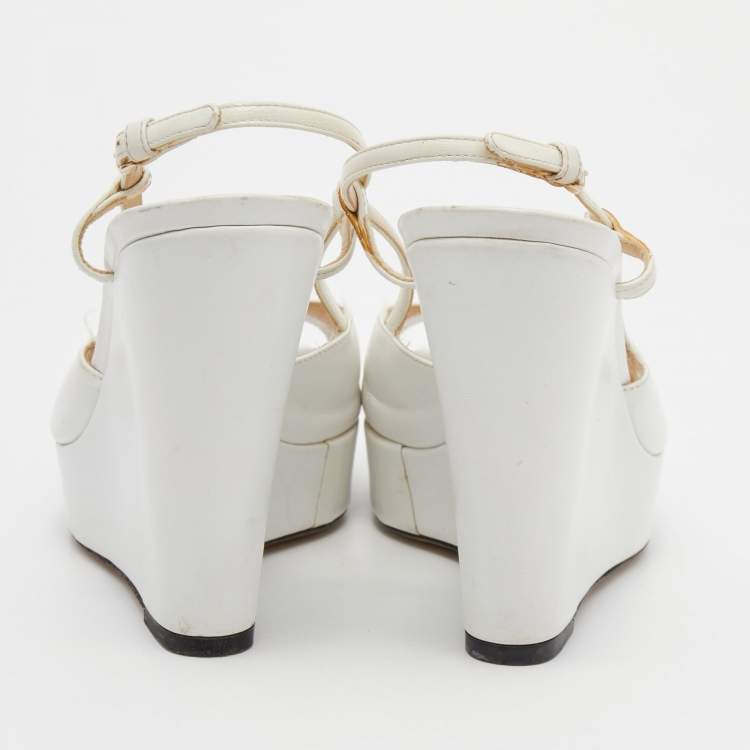 Pre Owned D&G White Leather Peep Toe Wedge Slingback Sandals Size 36