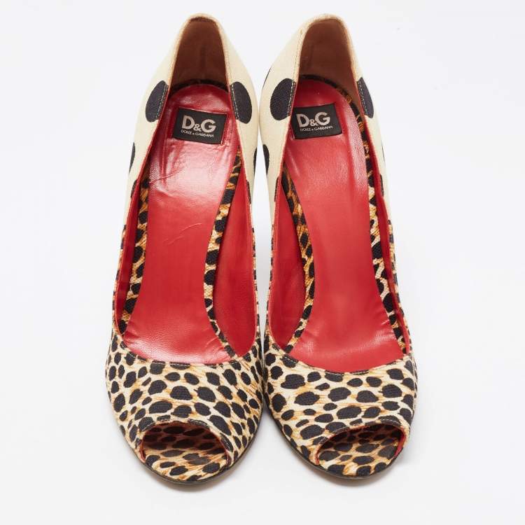 Pre Owned D&G  Brown/Cream Canvas Leopard Printed Peep Toe Pumps Size 39