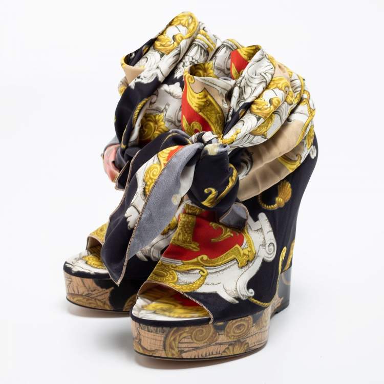 Pre Owned D&G Multicolor Printed Silk Scarf Open Toe Ankle Wrap Wedge Pumps Size 38