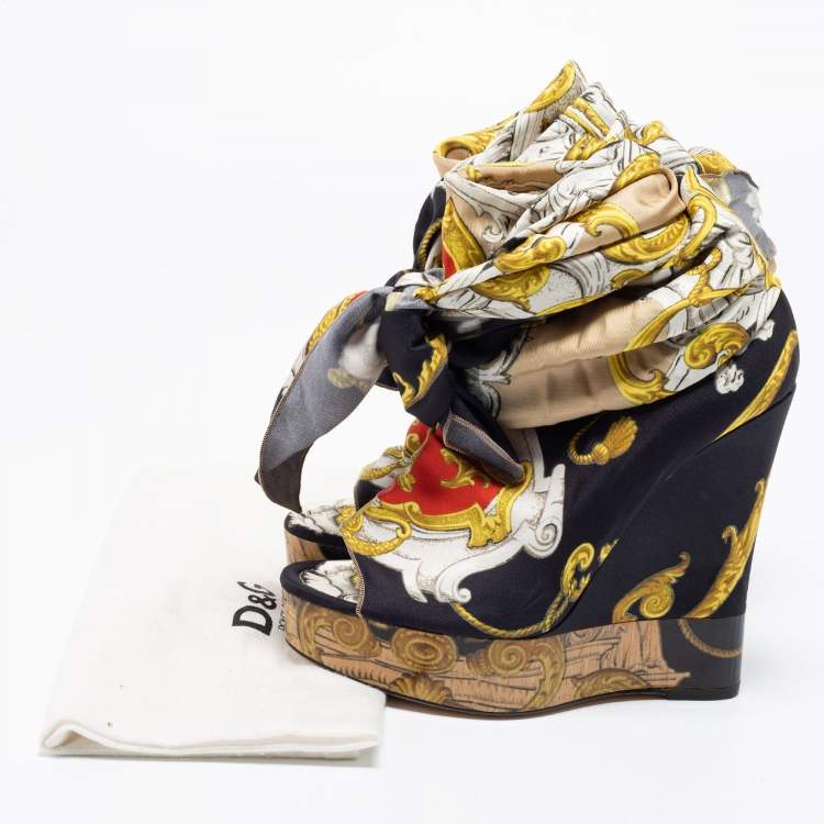 Pre Owned D&G Multicolor Printed Silk Scarf Open Toe Ankle Wrap Wedge Pumps Size 38
