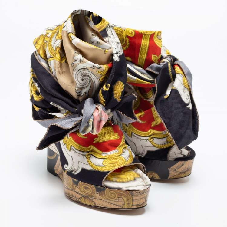 Pre Owned D&G Multicolor Printed Silk Scarf Open Toe Ankle Wrap Wedge Pumps Size 38