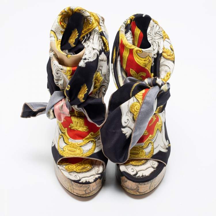 Pre Owned D&G Multicolor Printed Silk Scarf Open Toe Ankle Wrap Wedge Pumps Size 38