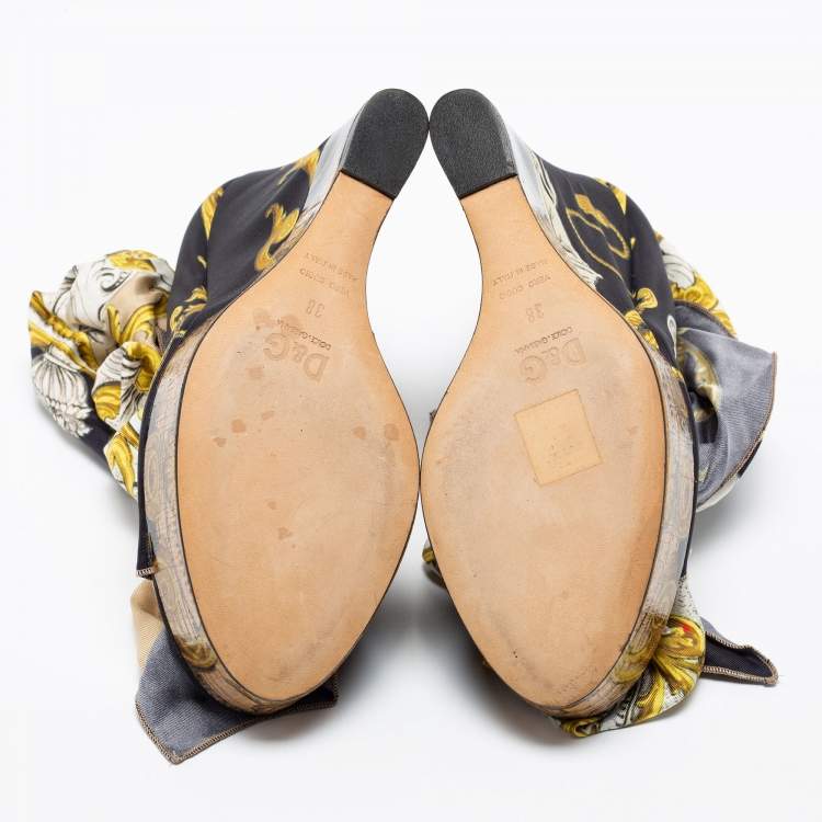 Pre Owned D&G Multicolor Printed Silk Scarf Open Toe Ankle Wrap Wedge Pumps Size 38