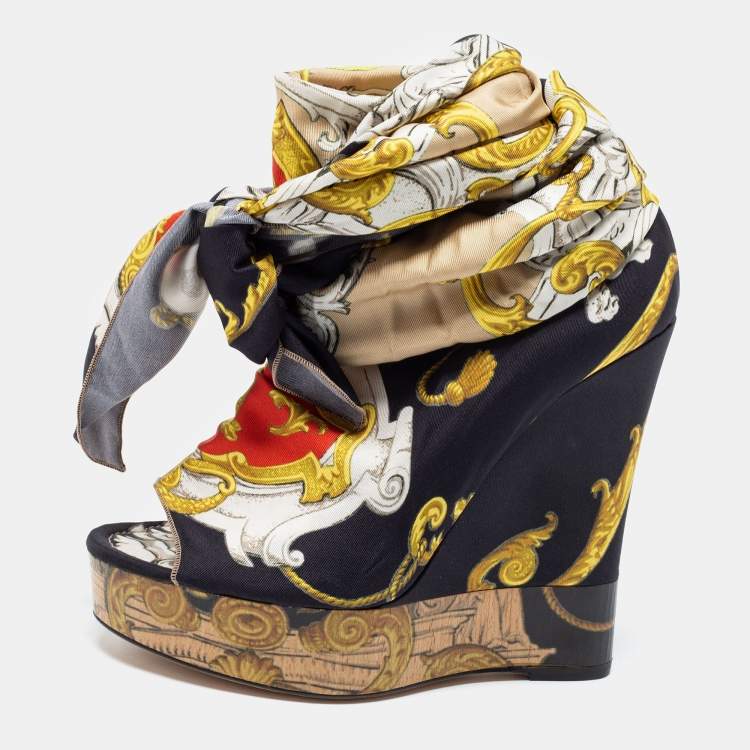 Pre Owned D&G Multicolor Printed Silk Scarf Open Toe Ankle Wrap Wedge Pumps Size 38