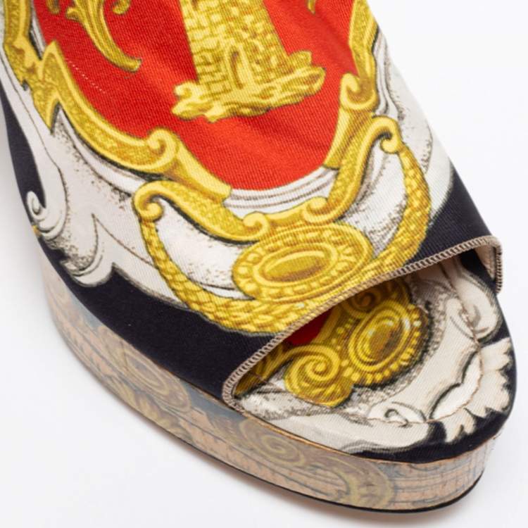 Pre Owned D&G Multicolor Printed Silk Scarf Open Toe Ankle Wrap Wedge Pumps Size 38