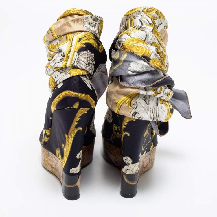 Pre Owned D&G Multicolor Printed Silk Scarf Open Toe Ankle Wrap Wedge Pumps Size 38