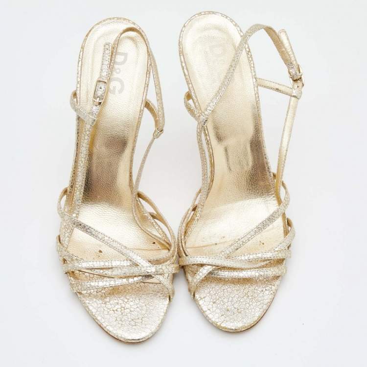 Pre Owned D&G Metallic Gold Crackled Leather Strappy Slingback Sandals Size 38