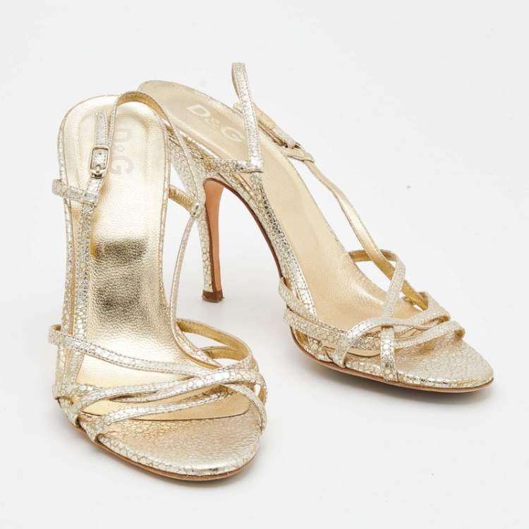 Pre Owned D&G Metallic Gold Crackled Leather Strappy Slingback Sandals Size 38