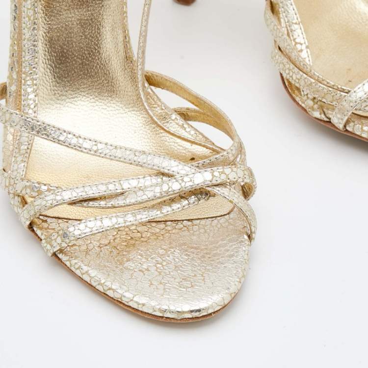 Pre Owned D&G Metallic Gold Crackled Leather Strappy Slingback Sandals Size 38