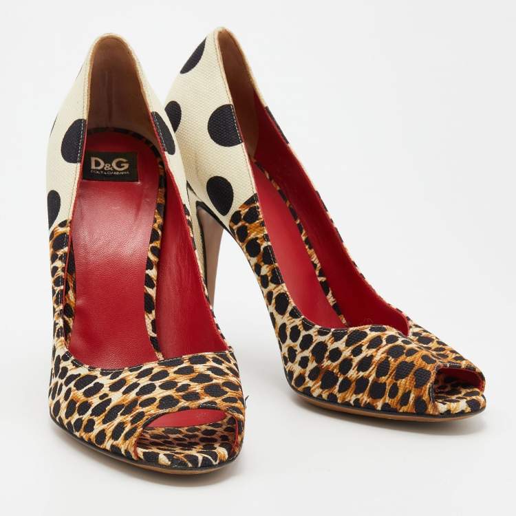 Pre Owned D&G Multicolor Canvas Leopard And Polka Dot Printed Peep Toe Pumps Size 37.5
