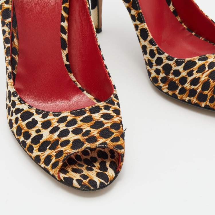 Pre Owned D&G Multicolor Canvas Leopard And Polka Dot Printed Peep Toe Pumps Size 37.5