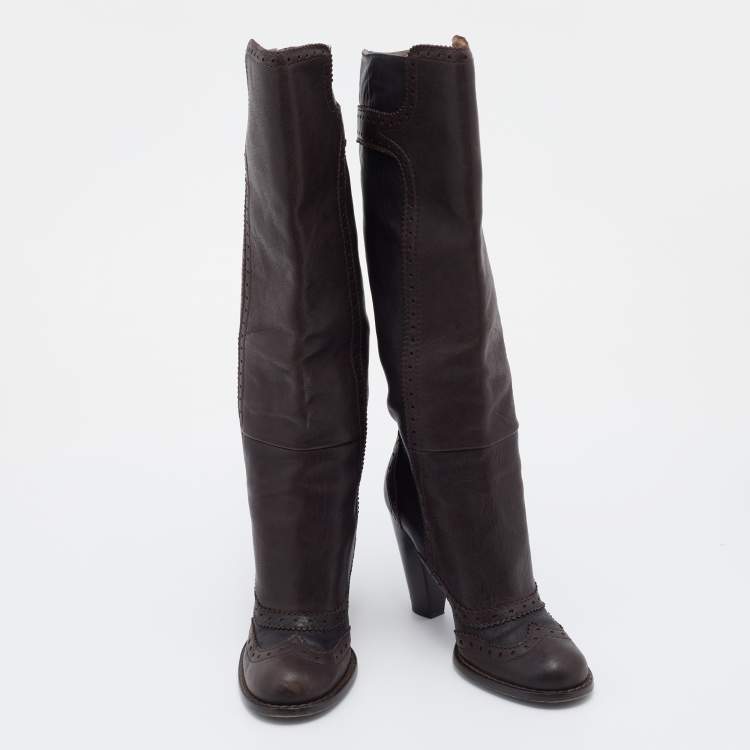 Pre Owned D&G Brown/Dark Grey Brogue Leather Knee Length Boots Size 38
