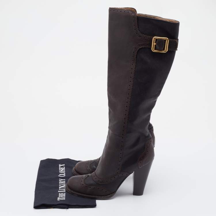 Pre Owned D&G Brown/Dark Grey Brogue Leather Knee Length Boots Size 38