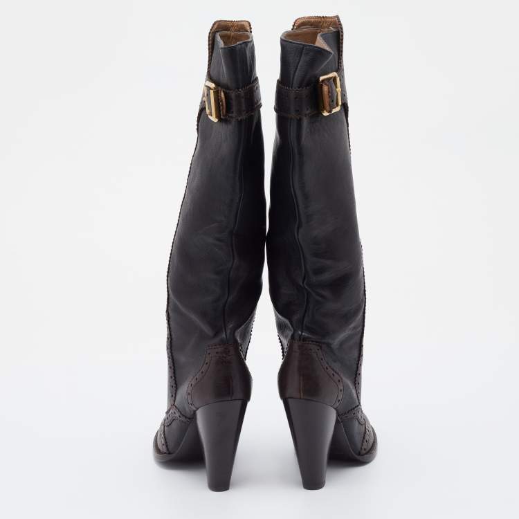 Pre Owned D&G Brown/Dark Grey Brogue Leather Knee Length Boots Size 38