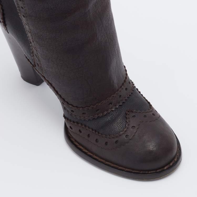 Pre Owned D&G Brown/Dark Grey Brogue Leather Knee Length Boots Size 38