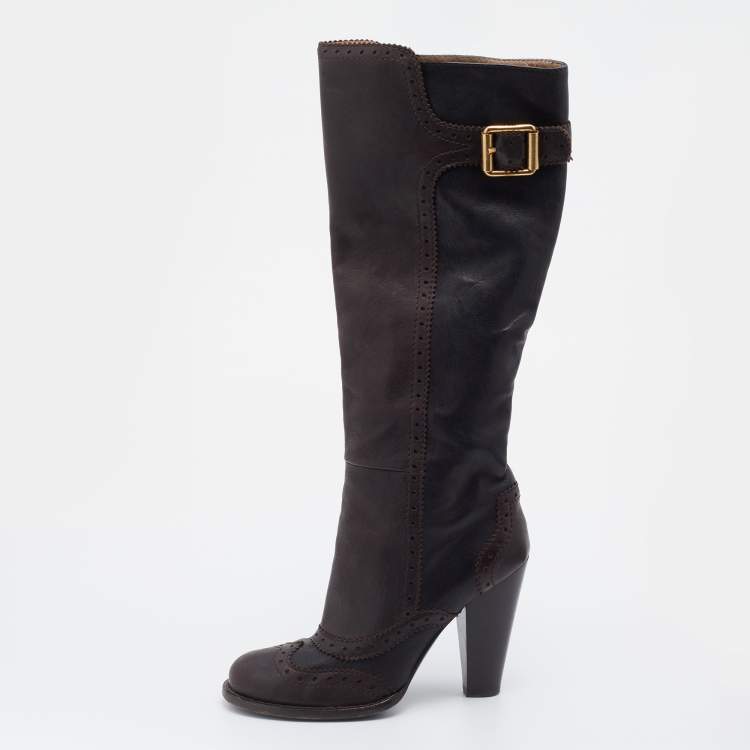 Pre Owned D&G Brown/Dark Grey Brogue Leather Knee Length Boots Size 38