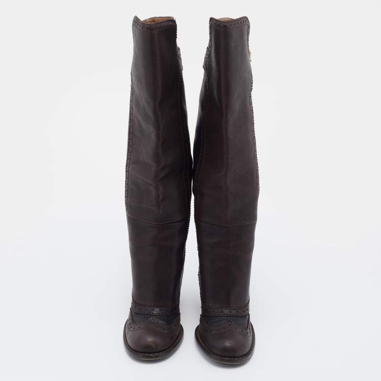 Pre Owned D&G Brown/Dark Grey Brogue Leather Knee Length Boots Size 38