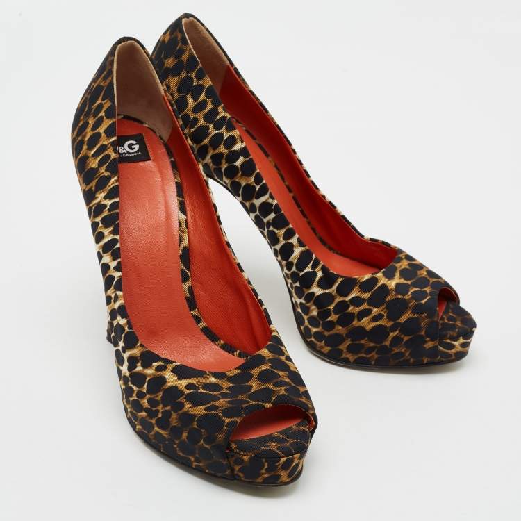 Pre Owned D&G Tri Color Leopard Print Fabric Peep-Toe Pumps Size 38