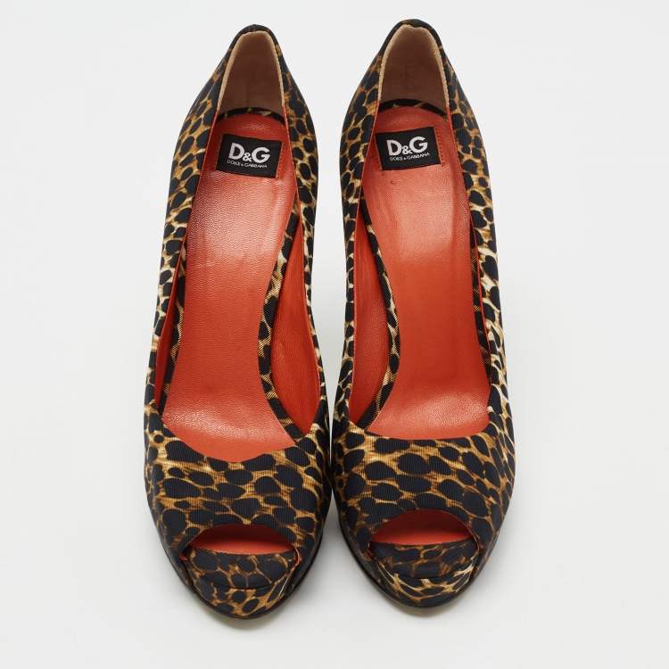 Pre Owned D&G Tri Color Leopard Print Fabric Peep-Toe Pumps Size 38