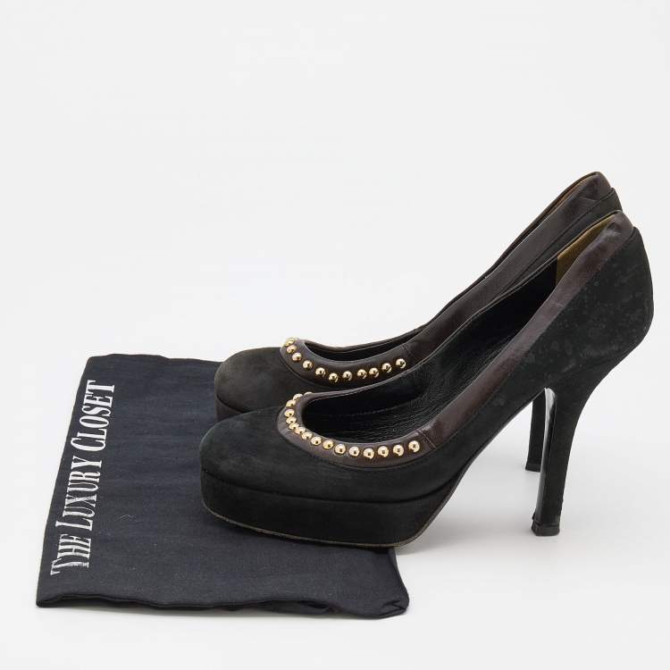 Pre Owned D&G Black/Dark Brown Suede and Leather Studded Platform Pumps Size 37