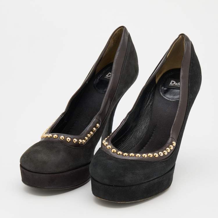 Pre Owned D&G Black/Dark Brown Suede and Leather Studded Platform Pumps Size 37