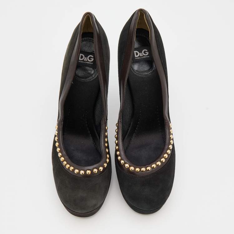 Pre Owned D&G Black/Dark Brown Suede and Leather Studded Platform Pumps Size 37