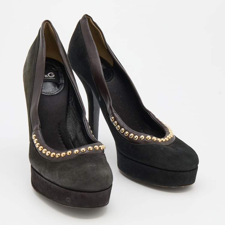 Pre Owned D&G Black/Dark Brown Suede and Leather Studded Platform Pumps Size 37