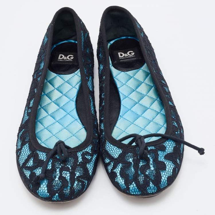 Pre Owned D&G Black/Blue Lace and Satin Bow Ballet Flats Size 39