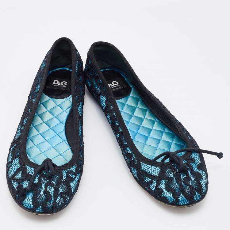 Pre Owned D&G Black/Blue Lace and Satin Bow Ballet Flats Size 39