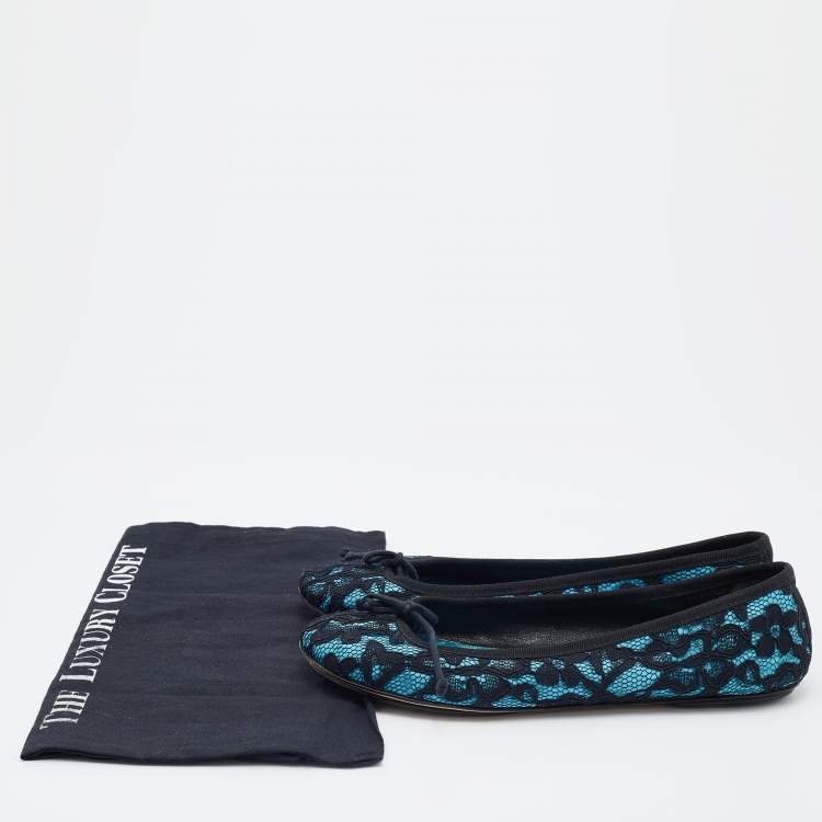 Pre Owned D&G Black/Blue Lace and Satin Bow Ballet Flats Size 39