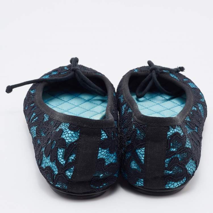 Pre Owned D&G Black/Blue Lace and Satin Bow Ballet Flats Size 39