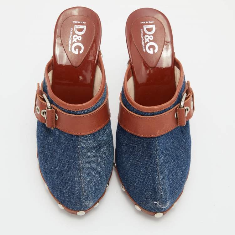 Pre Owned D&G Blue/Brown Denim and Leather Clogs Sandals Size 37