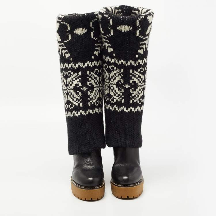 Pre Owned D&G Black Knit and Leather Knee Length Boots Size 39.5