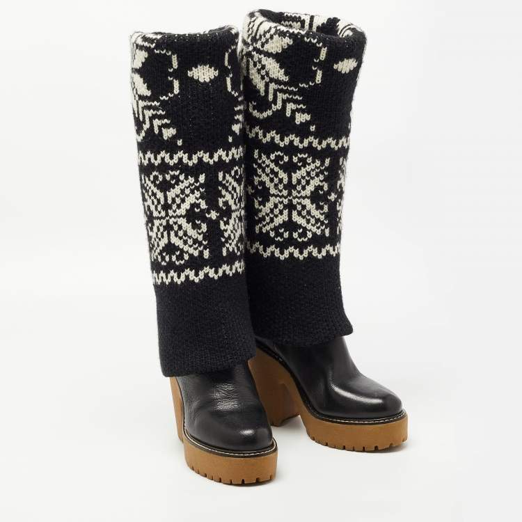 Pre Owned D&G Black Knit and Leather Knee Length Boots Size 39.5