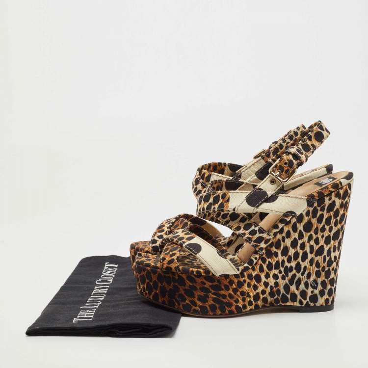 Pre Owned Dolce & Gabbana Brown/Black Leopard And Polka Print Canvas Platform Wedge Slingback Sandals Size 39