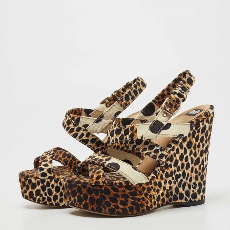 Pre Owned Dolce & Gabbana Brown/Black Leopard And Polka Print Canvas Platform Wedge Slingback Sandals Size 39