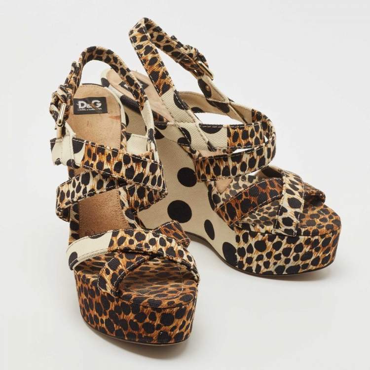 Pre Owned Dolce & Gabbana Brown/Black Leopard And Polka Print Canvas Platform Wedge Slingback Sandals Size 39