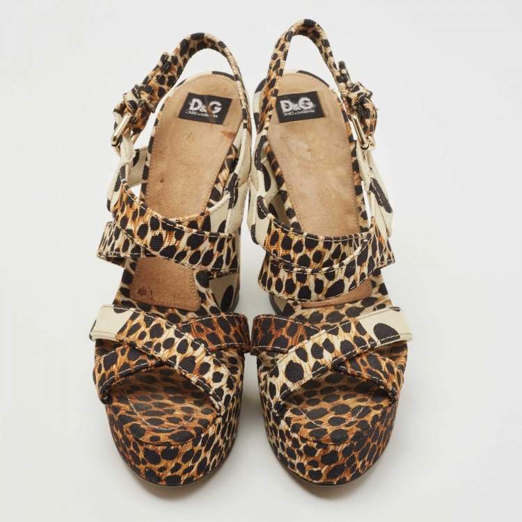 Pre Owned Dolce & Gabbana Brown/Black Leopard And Polka Print Canvas Platform Wedge Slingback Sandals Size 39