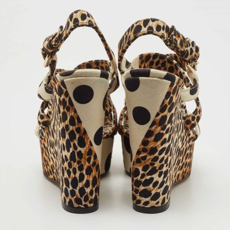 Pre Owned Dolce & Gabbana Brown/Black Leopard And Polka Print Canvas Platform Wedge Slingback Sandals Size 39